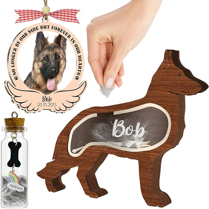 Personalized German Shepherd Ashes Keepsake Box Wooden Pet Fur Gifts Unique Dog Shape Standable Table Decor Memorial Display Box for Small Urns Idea Gift Pet Lover Family Friend Storing Hair Teeth