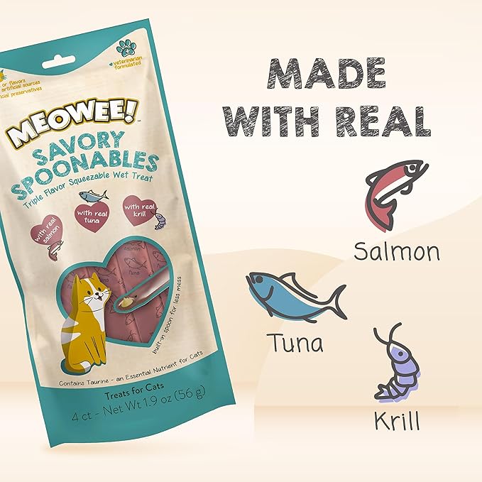 Savory Spoonables with Real Salmon, Tuna and Krill for Cats, 4 Count, Treat Your Cat to Triple Flavor Squeezable Lickable Wet Treats with Built-in Spoon for Less Mess (Pack of 2)