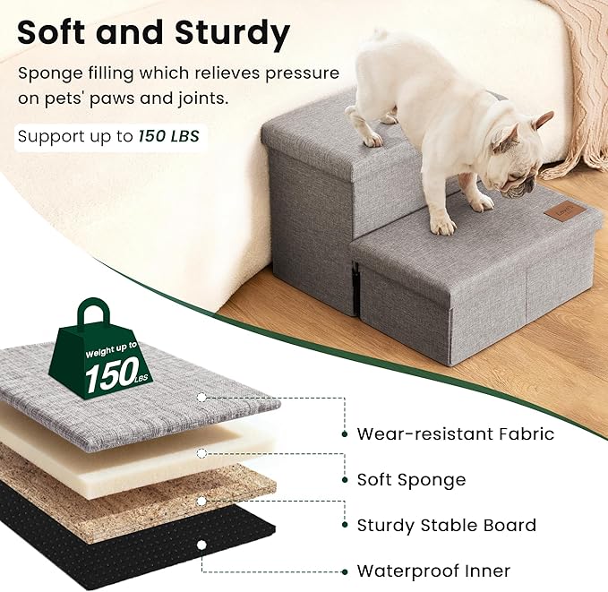 Love's cabin Dog Stairs with Storage 13" H, Foldable Pet Stairs for Small Medium or Large Dogs, Cat Puppy Steps Ramp with Zip up to 150 lbs, Solid Grey, 2 Steps