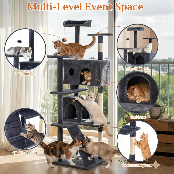 DUMOS 80-inch Indoor Cat Tree Tower –Multi-Level Pet House for Large Cats with 2 Condos, Scratching Posts, Round Platform, Small Ladder, and Toys, Grey