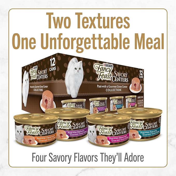 Fancy Feast Purina Savory Centers Wet Cat Food Pate Variety Pack with Chicken, Salmon, Beef, and Tuna Pate with Gravy Center - (4 Packs of 12) 3 oz. Pull-Top Cans