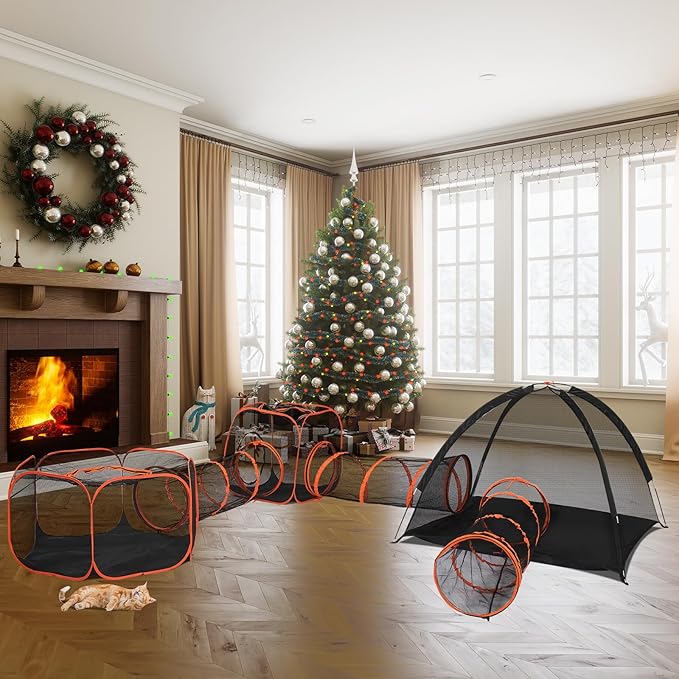 VINGLI Cat Tunnel, Outdoor Cat Enclosure, Large Catio, Outdoor Tunnels for Kittens with Storage Bag (Black&Orange, 6 in 1)