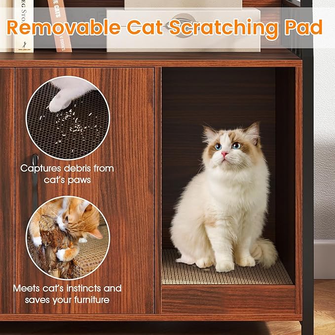 PETSITE Cat Litter Box Enclosure with Storage Shelves, 52 Inches Tall Hidden Litter Box with Charging Station, Scratching Board, and Winding Entry (Walnut)