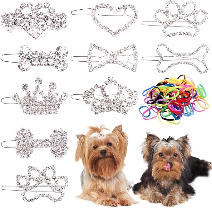 PET SHOW 10pcs Crystal Small Dogs Hair Clips Tiara Bone Paw Heart with 200pcs Rubber Bands Grooming Hair Accessory