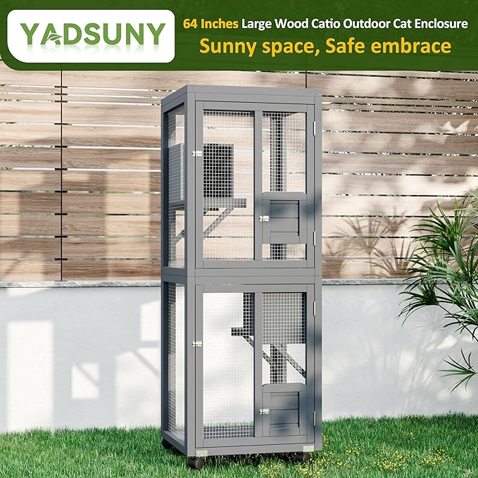 64.7 Inch Catio Outdoor Cat Enclosure, Large Cat House for Outdoor Cats with Enhanced Security Structure, Outside Cat Patio Cattery Weatherproof for Multiple Indoor Outdoor Cats, Grey
