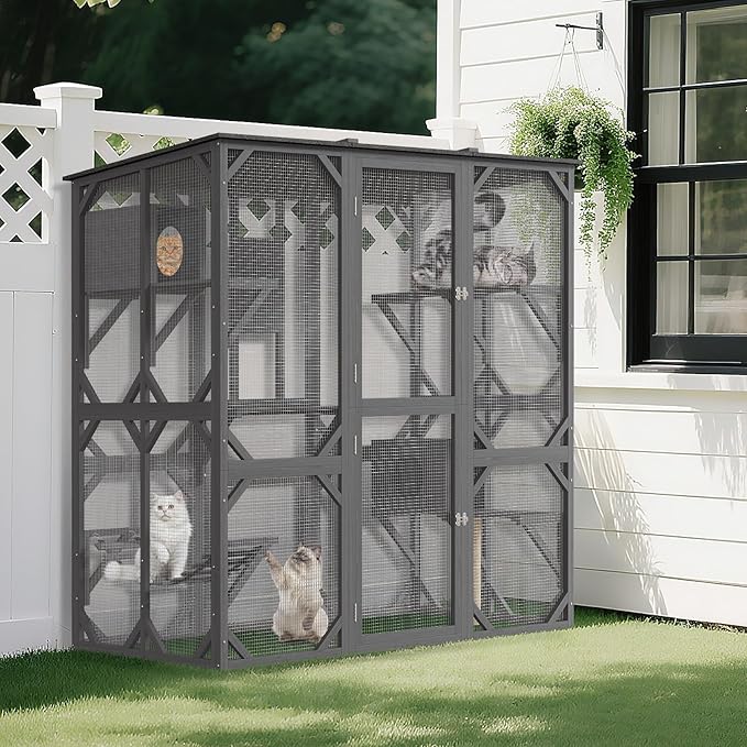 70 Inch Outdoor Walk-in Cat Enclosure with Window, Waterproof Roof Cattery with Bridge and Scratching Post Outdoor Patio Cat Playpen, Grey