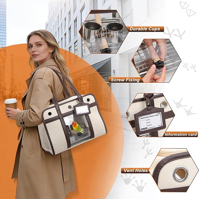 Sanmoncare Stylish Bird Carrier with PU Leather Handle, Portable Parrot Travel Bag for Cockatiels & Conures, Lightweight Bird Cage with Stainless Steel Tray & Side Door for Easy Cleaning, White