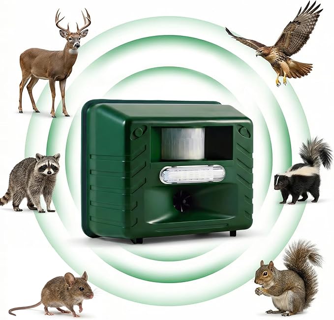 Aspectek Yard Sentinel Ultrasonic Repeller for Deer, Raccoons, Squirrel, Bird, Outdoor Animal Repellent for Yard, Garden, Farm, Patio, Waterproof, Adjustable, Motion Sensor, Nighttime Strobe Light