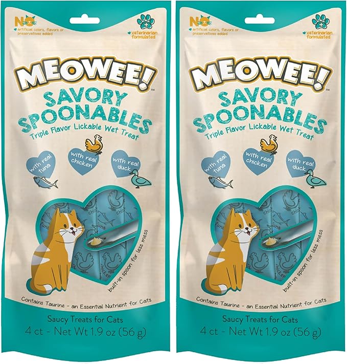 Savory Spoonables with Real Tuna, Chicken & Duck, 4 Count Tube, Triple Flavor Squeezable Lickable Wet Treats for Cats with Built-in Spoon for Less Mess (Pack of 2)