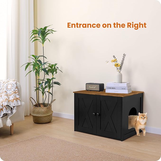 Dwanton Litter Box Enclosure, Cat Litter Box Furniture Hidden, Reversible Entrance Can Be on Left or Right Side, Wooden Cat Washroom Indoor, Black and Warm Brown, 27.6 Inches