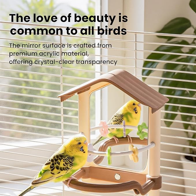 8.1 Inch Pet Bird Mirror with Perch Stand and Parakeet Chew Toys,Parrot Toys Bird Cage Decorative Accessory, Helps Birds Release Stress for Canaries Budgies Lovebirds Conures Cockatiels (Yellow)
