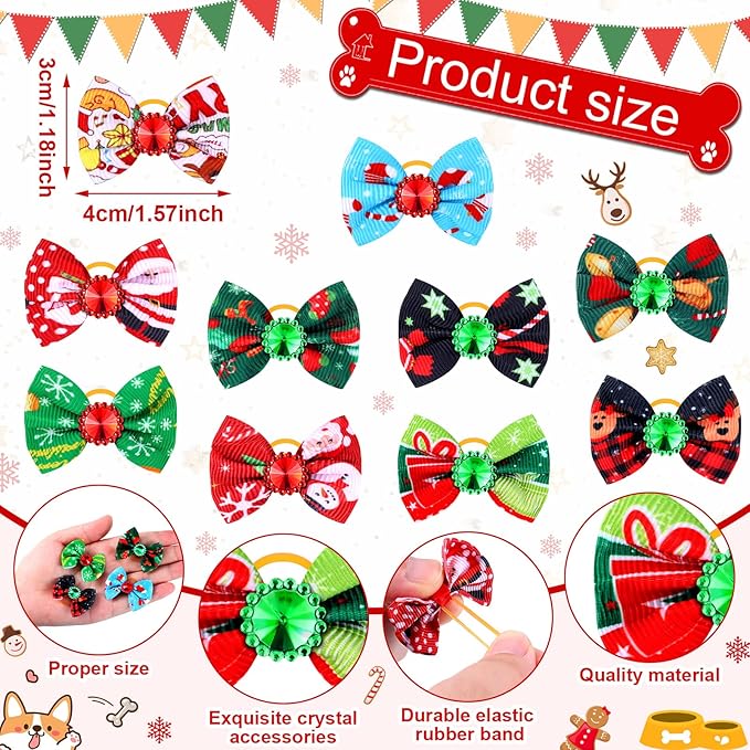 Tondiamo 100 Pack Christmas Dog Bows for Dogs Christmas Hair Bows with Rubber Bands Puppy Hair Bows Rhinestone Dog Bows Grooming with Santa Claus Christmas Tree Elk Snowflake Dog Hair Accessories
