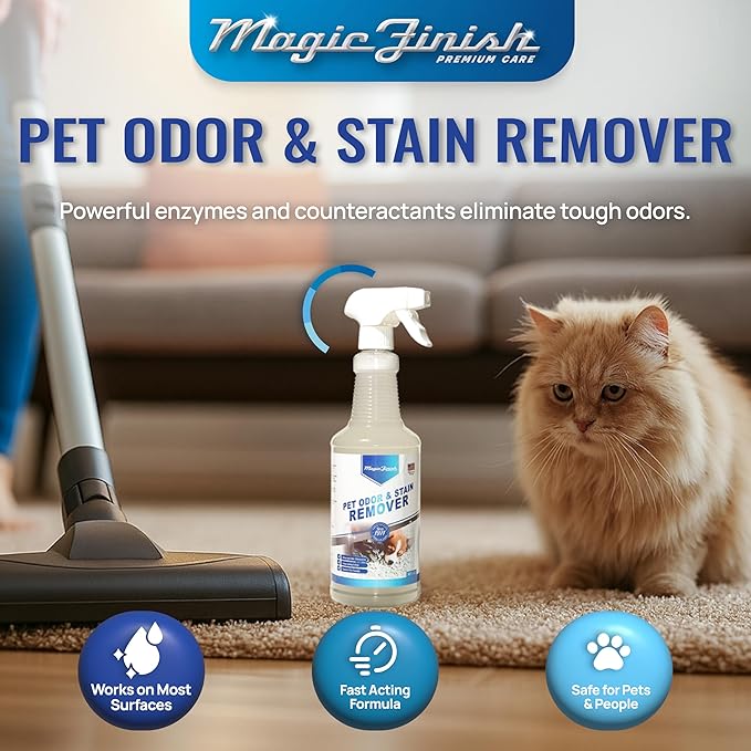 Magic Finish Pet Odor & Stain Remover (32 oz) – Enzyme Cleaner for Dog & Cat Urine, Vomit, and Messes – Kid & Pet-Friendly Rug & Multisurface Upholstery Deodorizer with Apple Blossom Scent