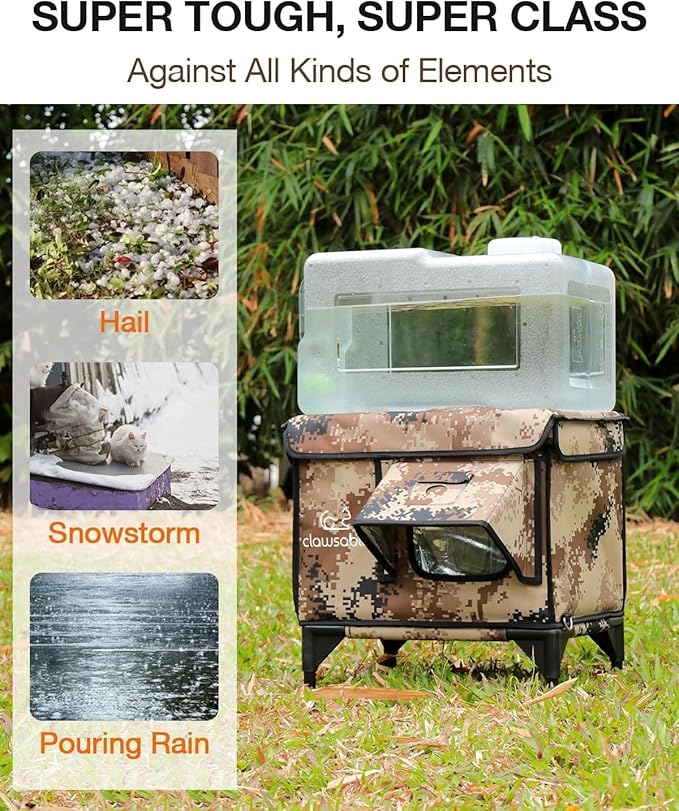 Indestructible Heated Cat House for Outside Winter, 100% Waterproof, Safe Escape Door, Insulated Outdoor Cat Shelter with Heater for Feral Barn Cat Kitty (Desert Camouflage, 29"x17"x20")
