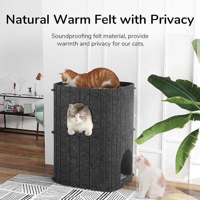 FUKUMARU Cat House for Indoor Cats, 23.62 Inch Large Cat Bed Cave Condo, 2-Storey Cozy Felt Covered Cats Tunnel Kitten Hideaway for Multicats, Scratch Resistant, Dark Grey