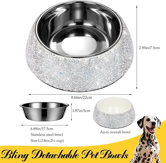 SlowVibes Bling Stainless Steel Dog Bowls,18oz Detachable Rhinestone Metal Food Water Bowl for Feeding Dogs Cats,Rust Resistant Non-Slip Puppy Dish,Sparkle Essentials for Small Medium Large Girl Pets