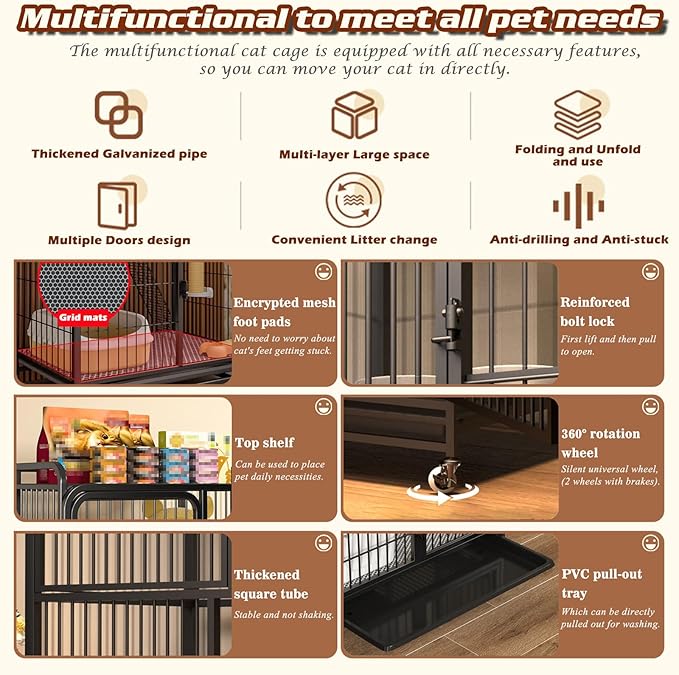 Multi-Tier Collapsible Cat Cage Crate, cat playpen for Indoor with 360° Wheels, Metal Wire Cat Kennel with Secure Lock, Large Ferret Playpen for Adult Cats Kitten Chinchilla (Black 3-Tier)