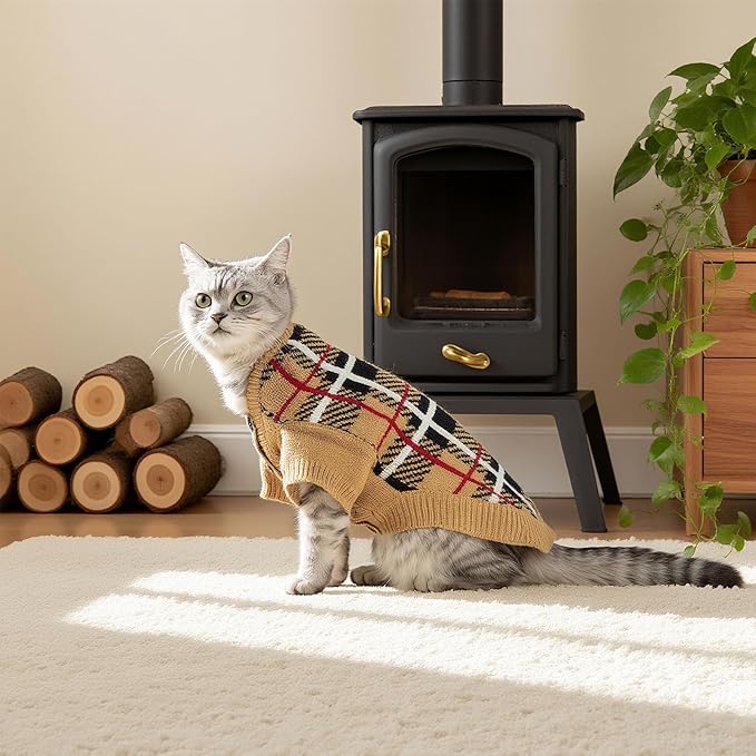 EXPAWLORER Cat Sweater Cardigan - Stylish Knit Cat Clothes, Plaid British Style Soft Puppy Sweater with Sleeve, Warm Pet Clothing Knitwear, Fall Winter Kitten Coat for Girl Boy Cats, Beige L