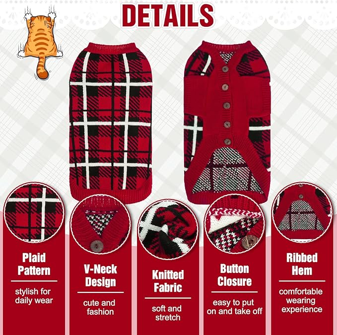 EXPAWLORER Cat Sweater Cardigan - Stylish Knit Cat Clothes, Plaid British Style Soft Puppy Sweater with Sleeve, Warm Pet Clothing Knitwear, Fall Winter Kitten Coat for Girl Boy Cats, Red M