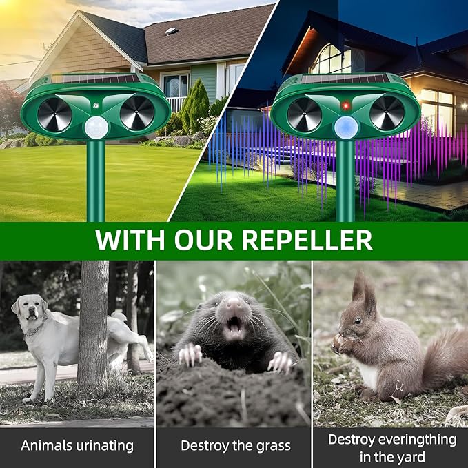 2 Pack Solar Ultrasonic Animal Repeller Outdoor Deer Repellent Devices Motion Activated Cat Deterrent for Yard Garden IP65 Waterproof Ultrasonic Pest Repellent for Squirrel Raccoon Dog Skunk Rabbit
