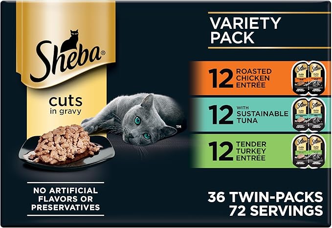 Sheba Perfect Portions Wet Cat Food Cuts in Gravy, Roasted Chicken Entree, with Sustainable Tuna, Tender Turkey Entree, 2.6 oz. Twin-Pack Trays (36 Count, 72 Servings)