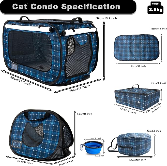 Pop up Large Cat Carrier, 30'' L Kennel Soft Crates with Portable Mini Cat Carrier,Travel Littler Box, Mattress,Food Bowl,4 Stakes and Carry Bag
