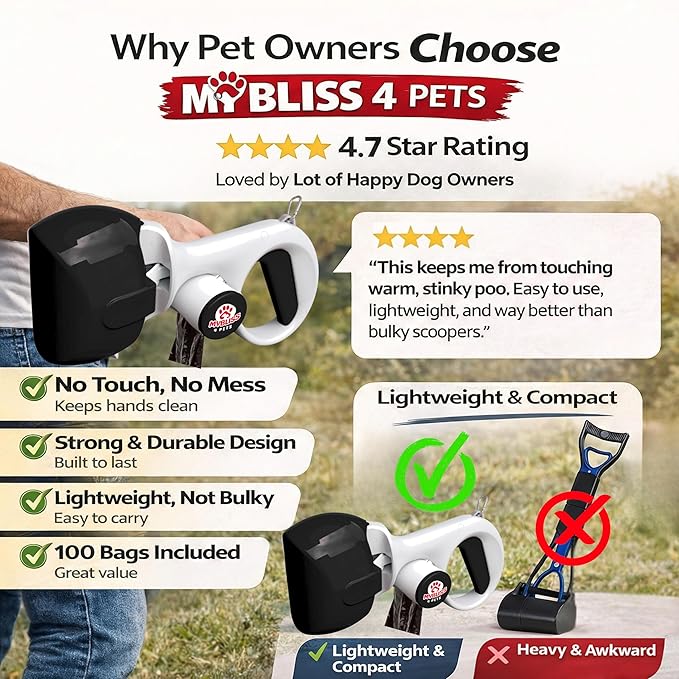 Portable Dog Pooper Scooper Set with 100 Leak-Proof Bags & Leash Clip – 3-in-1 Handheld Pet Waste Remover for Small & Medium Dogs – Lightweight, One-Handed Pickup – Sanitary & No-Mess Cleanup
