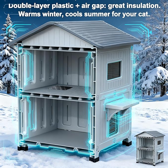 Weatherproof Heated Outdoor Cat House for Feral Cat, 2 Storey Elevated Plastic Insulated Cat Shelter with Escape Door, Expansive Interior‌ Grey 34" D x 21" W x 21.5" H