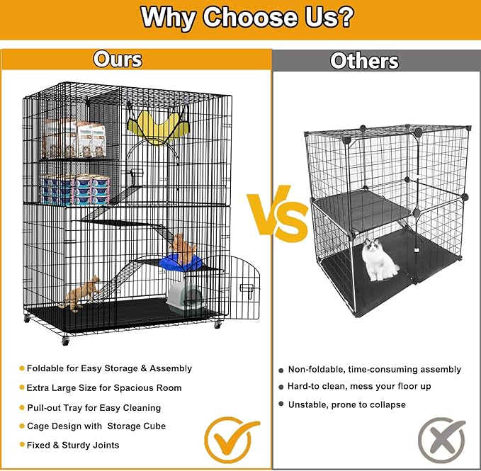 Extra Large Collapsible Cat Cage Indoor with Storage Cube, 4-Tier Cat Crate Black Metal Cat Enclosure with 360° Rotating Casters & Hammock for Kittens, Small Animals