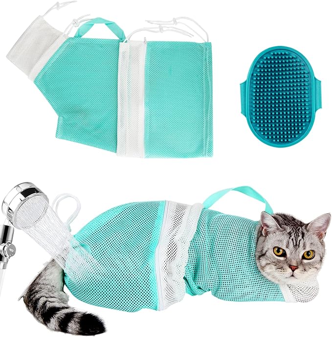 Cat Bag for Bathing Set with Grooming Washing Bag Adjustable Pet Shower Brush - Cat Bathing Mesh Bag Anti Scratch Anti Bite Soft Durable for Cats & Dogs Restraint Grooming Nail Trimming Washing
