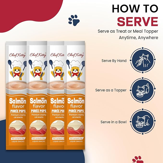 Cat Treats Lickable | Grain-Free Cat Food Toppers & Salmon Treats | Creamy Puree Squeeze Ups with Vitamin E & Taurine, Digestible Formula | 0.5 oz. Each Tube, Salmon Flavor | 10 Tubes