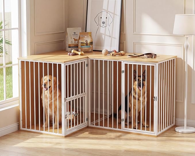 80.7" Double Dog Crate Furniture, Large Breed Dog Crate TV Stand with Swivel Bowls, Heavy Duty Wooden Double Dog Kennel with Removable Divider for 2 Medium Dogs (White)