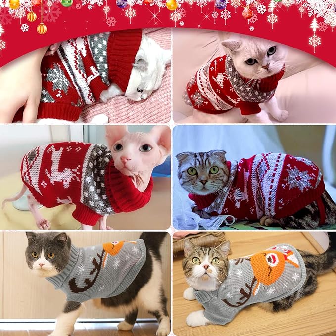 HYLYUN Cat Christmas Sweater 2 Packs - Puppy Christmas Sweater Pet Reindeer Snowflake Sweaters for Kittys and Small Dogs M