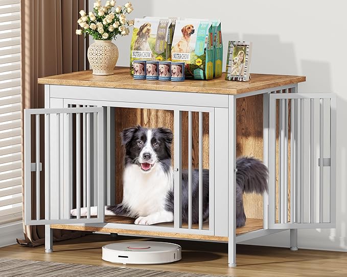 EasyCom Dog Crate Furniture for 1 or 2 Dogs, Heavy Duty Single/Double Dog Crates for Small/Medium/Large Dogs, Dog Kennel Furniture Indoor as TV Stand, Large Size 39.96" L(35-60 Pounds), White