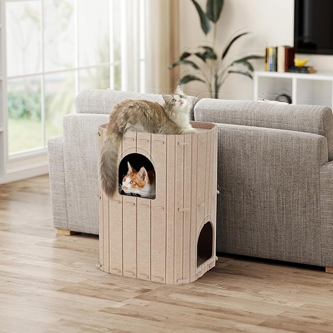 FUKUMARU Cat House for Indoor Cats, 23.62 Inch Large Cat Bed Cave Condo, 2-Storey Cozy Felt Covered Cats Tunnel Kitten Hideaway for Multicats, Scratch Resistant, Beige
