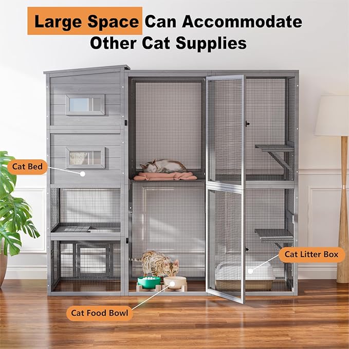 Large Indoor Cat Catio, 4 Tier Outdoor Cat Enclosures House for Cats with Weatherproof Roof, 3 Resting Rooms, 3 Platforms, Cats Catio Connect to Window with 2 Large Door, Feral Pet Shelter