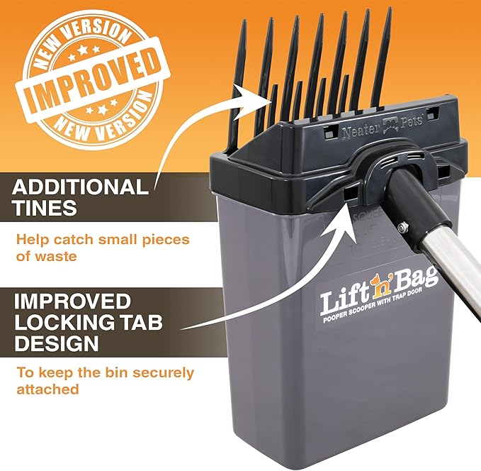 Neater Pet Brands Lift N’ Bag 2.0 Dog Pooper Scooper with Bag Attachment & 22" Pole for Small to Large Dogs, New & Improved Design, 195 Refill Bags, Heavy Duty Dog Poop Scooper for Yard, One-Hand Use
