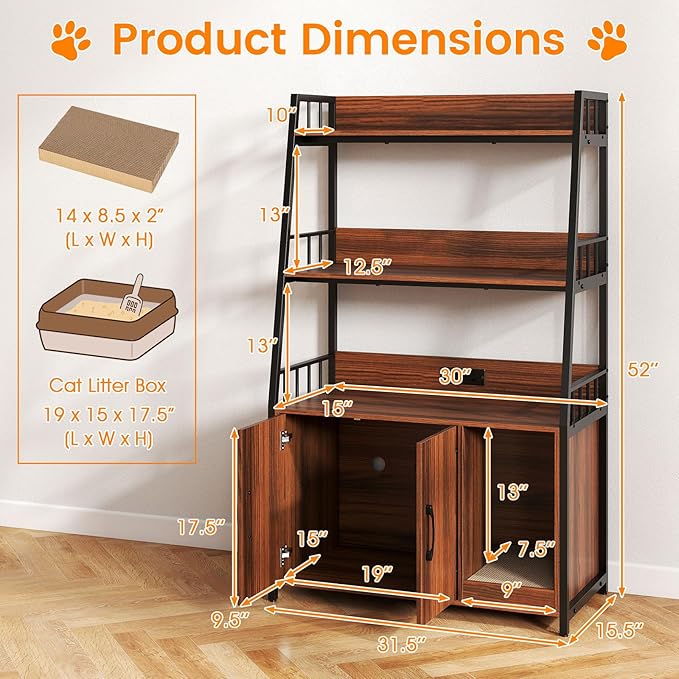 PETSITE Cat Litter Box Enclosure with Storage Shelves, 52 Inches Tall Hidden Litter Box with Charging Station, Scratching Board, and Winding Entry (Walnut)