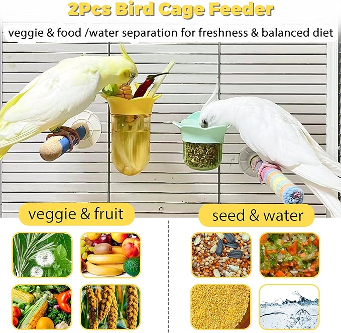 2Pcs Bird Cage Feeder for Vegetable & Water/Pellets, Parrot Veggies Holder with Water-Storage Design to Keep Greens Fresh, No Mess Hanging Bird Feeding Bowls, Separate Design for Balanced Nutrition