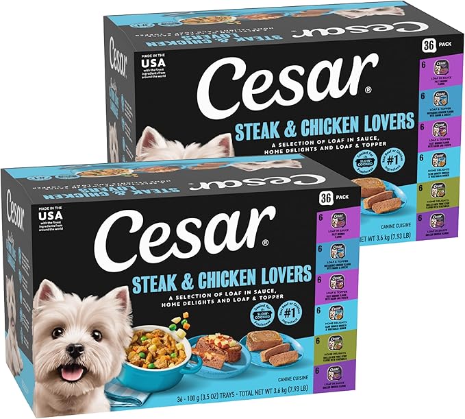 Cesar Wet Dog Food Steak and Chicken Lovers Variety Pack with Real Beef or Real Chicken, 3.5 oz. Easy Peel Trays, 36 Count (Pack of 1)