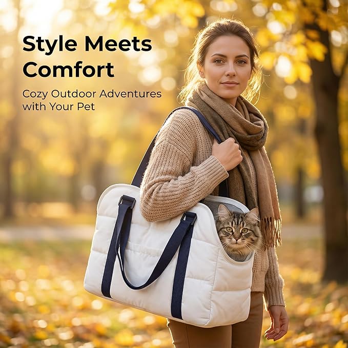 Small Dog Purse Bags,Dog Carrier Purses with Secure Harness Clip,Cotton Padded Interior, Durable Travel Pet Bag with Adjustable Strap,White