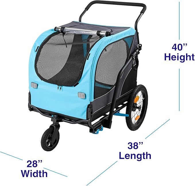ClevrPlus 2-in-1 Pet Bike Trailer & Large Foldable Dog Stroller Pet Cart Carrier, Blue, 80 Lbs Capacity, Dog-Friendly Designs, Easy Folding Frame, Universal Bicycle Coupler, and Safety Flag