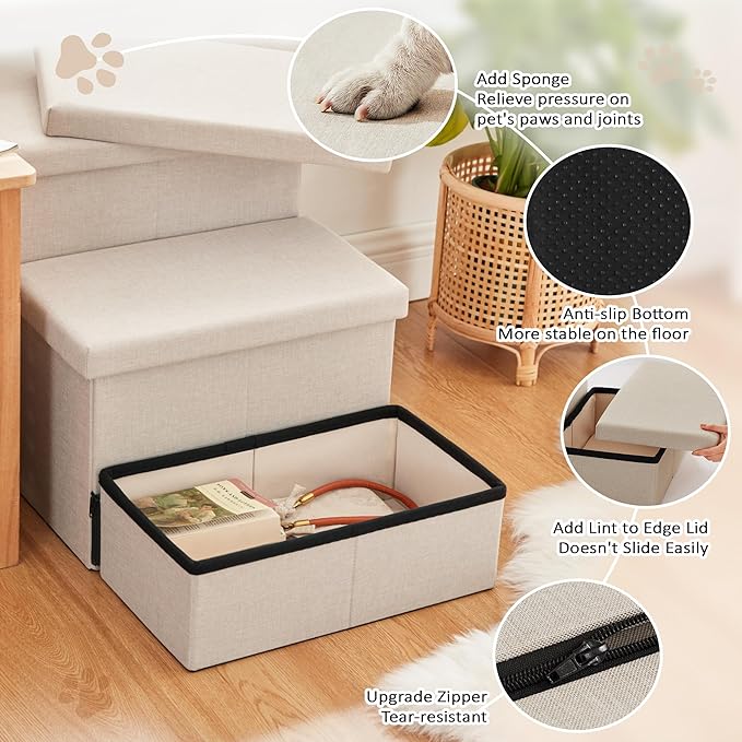 Love's cabin Dog Stairs for High Bed 18" H, Foldable Pet Stairs for Small Medium or Large Dogs Puppy with Storage for Bed or Couch, Cat Dog Steps Ramp with Zip up to 200 lbs, Beige, 3 Steps