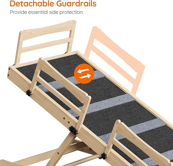 HOOBRO Dog Ramp for Bed, 47.2" Long Foldable Pet Ramp with Non-Slip Mat and Side Rails, Wooden Dog Ramp for High Beds, Couch and Car, 5 Height Adjustable from 15.6" to 25.2", Natural, NB42PT03