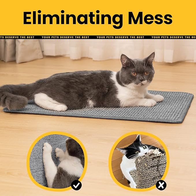 Cat Scratcher Mat,Natural Sisal Cat Scratch Pad with Hook&Loop Tape,Horizontal Floor Kitty Scratching Pads Rug for Indoor,Pet Furniture Protector for Couch&Carpets&Sofas, Large, Grey