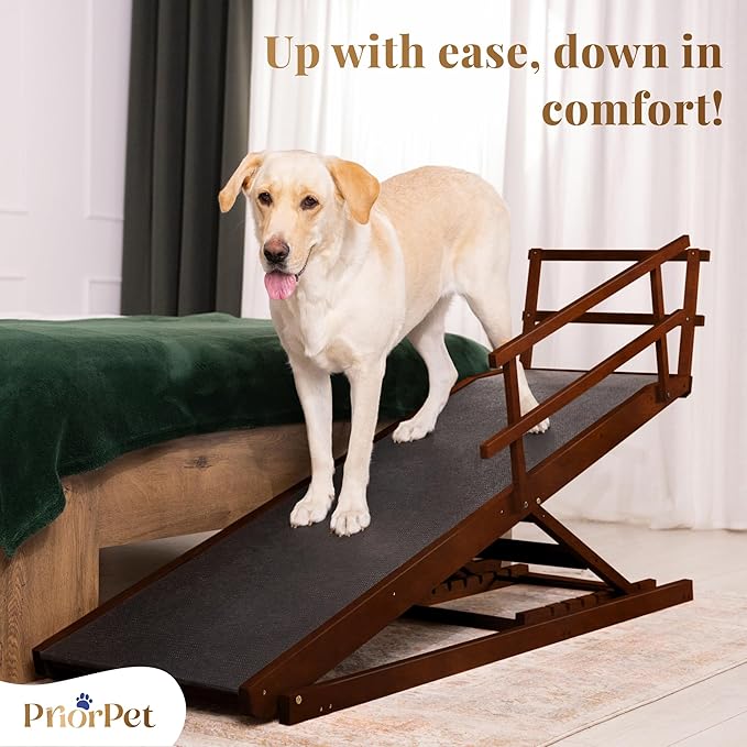 Dog Ramp for Bed with Safety Rails for High Beds up to 37" – Extra Wide 19.5" Adjustable Dog Bed Ramp for Large Dogs up to 200 lbs – Solid Birchwood, Non-Slip Rubber Surface, Foldable Design – Walnut