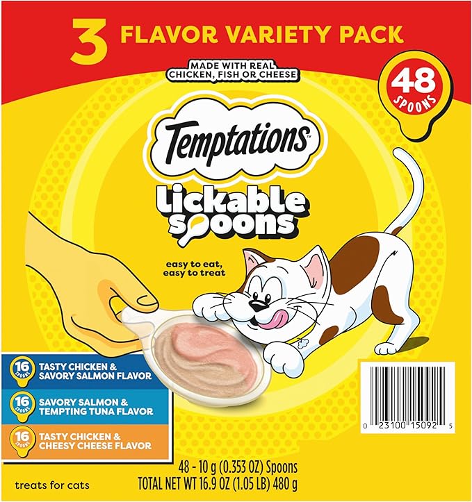 Temptations Lickable Spoons, Soft Lickable Cat Treats, Adult Wet Cat Treats, Variety Pack, 48 Spoons
