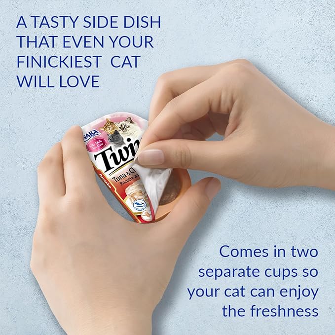 INABA Twins for Cats, Side Dish/Topper Cups, 1.23 Ounces per Serving, 12 Servings, Tuna & Chicken with Salmon Recipe