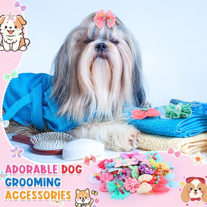 70 Pcs Dog Hair Bows Bulk Cute Flower Butterfly Crown Pearl Puppy Hair Clips Pastel Macaron Pet Accessories for Dog Cat Holiday Party Birthday Grooming