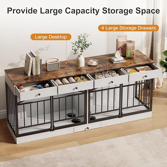 GAOMON Dog Crate Furniture for 2 Dogs, 78.7'' Large Dog Kennel Indoor with 4 Storage Drawers and Feeding Bowls, Double Dog Crate TV Stand for Small and Medium Dogs, White